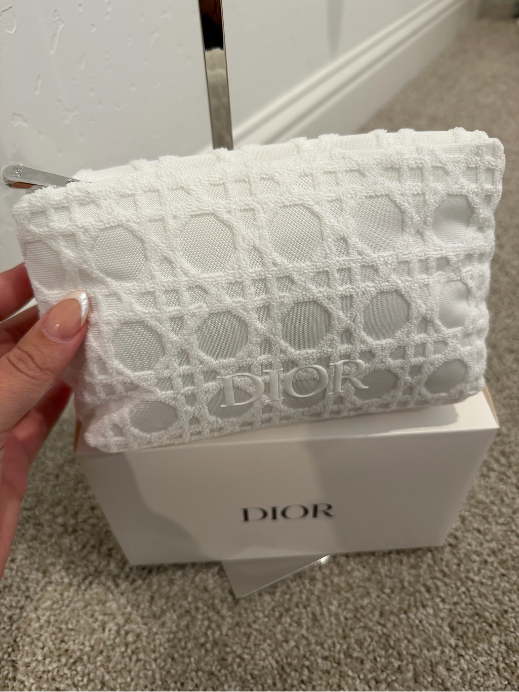 Dior White Textured Embroidered Logo Pouch
